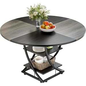 Round Dining Table for 4-6, 47 inch Circle Kitchen Table with 2-Layer Storage Shelf, Modern Wood Dinner Table with Heavy Duty Pedestal for Dining Room, Farmhouse, Living Room, Kitchen, Black & Grey