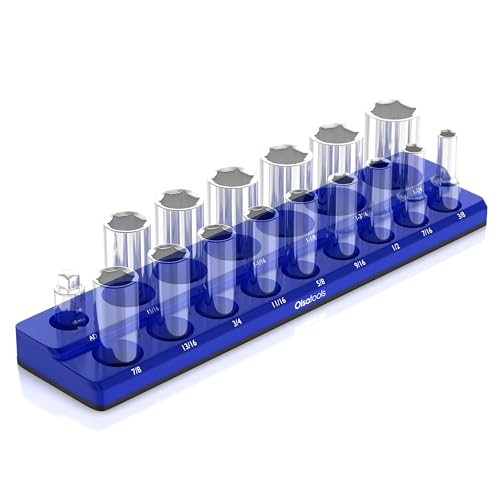 Image of Olsa Tools Magnetic Socket Organizer - 1 /2-Inch Drive SAE Socket Holder with Strong Magnets - Professional Tool Holder and Tool Organizer - Holds up to 16 Sockets - Blue - Part: 1296
