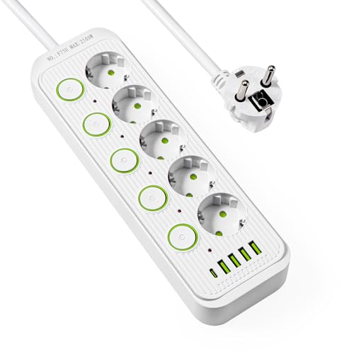 Blendura Regleta Enchufes, 2500W/10A Regleta Enchufes con USB, 5 ...