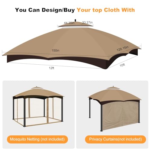10 x 12 Replacement Gazebo Canopy Top for Lowe's Allen Roth Gazebo Double-Tier Gazebo Roof Cover with Air Vent Heavy Duty Canopy Roof Gazebo Top 10X12 Gazebo Cover Khaki