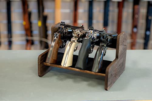 The Hawk Haus Handgun/Pistol Rack For 4 - Rustic Dark Brown Pure Wood Gun Holder Storage Organizer For Revolvers, Pistols And Handguns - Anti-Skid Surface #TOP2