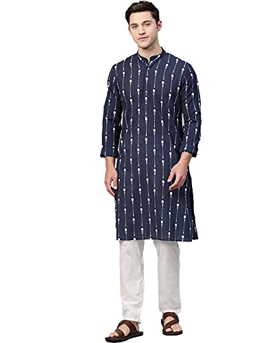 See Designs Men's Cotton Regular Fit Printed Straight Kurta [Navy Blue_S]
