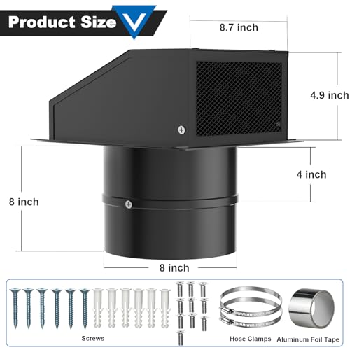 8 Inch Wall Vent with Screen and Damper, Galvanized Steel Hooded Wall Vent Cover with Hose Clamps Aluminum Foil Tape Screws Black Metal Exhaust Duct Cap Kit for Outdoor Kitchen Range Hood Bathroom by Popbee - Used condition - Image 2
