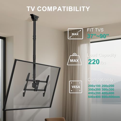 Image of WALI Ceiling TV Mount for 37-90 Inch TVs, Extra Long Arm Ceiling Mount TV Bracket, Telescoping Height Adjustable Hanging Pole TVs Ceiling Mount, Holds 220 lbs, Max VESA 800x400mm (CM3790XL), Black