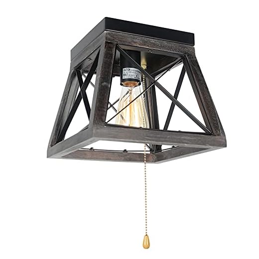 Small Wood Rustic Pull String Ceiling Light Fixture, 1-Light Black Farmhouse Flush Mount Ceiling Lighting Square Retro Industrial Hallway Entry Cage Edison Light E26 8059PC