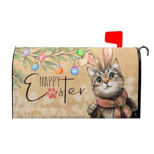 Image of Easter Cat Magnetic Mailbox Cover 25.5x21 Inch Cute Kitten with Bunny Ear Egg Hunt Mailbox Wrap Post Cover Large Size for Garden Yard Outdoor Outside Patio Holiday Waterproof Decor