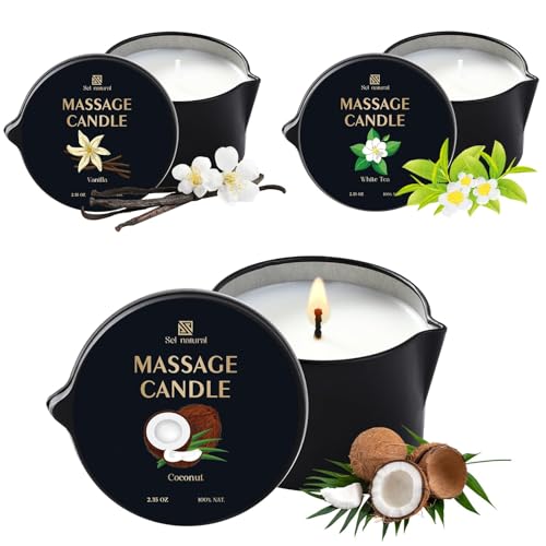 3 Pack Soy Massage Oil Candles Low Temp Massage Candles 3 Scent Vanilla, White Tea, Coconut Spa Therapy Body Oil Home Gift for Relaxation, Couples, or Self-Care (2.35 oz, Vanilla, White Tea, Coconut)