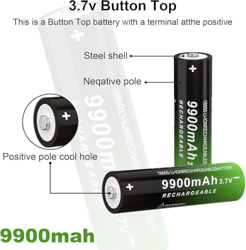 CBJJ 3.7V 18650 Rechargeable Battery, 9900mAh Button Top Battery for Flashlights, Headlamp, 2 Pack (Green)