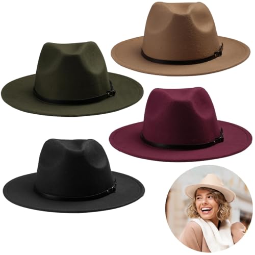 Belt Buckle With Flat Brim Hats, Weddings Adjustable Woolen Fedora Hats, Four Colors, Parties, Camping, Clubs, Woolen Dress Hats, 4-Pack Vintage Woolen Fedora Hats