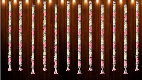Image of Tia Crafts Artificial White Gajra Jasmine & Colourful Flower Strings Wedding Decorations, Event Decor Perfect Diwali, Ganpati & Pooja /Temple /Mandir Decoration (Baby Pink, 12, 5 Feet)