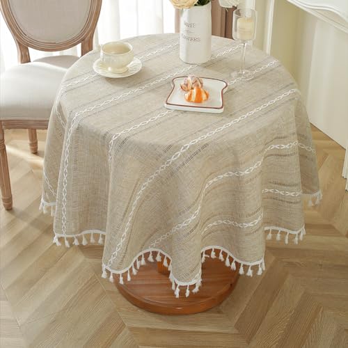 meioro Rustic Table Cloth, Light Yelllow Round 55" Textured Cotton Linen Fabric Tablecloth with Tassel, Heavy Duty Farmhouse Table Cover Embroidery Stripe Round Tablecloths for Dinning Party