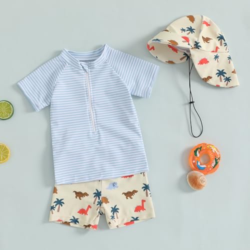 Toddler Baby Boy Swimsuit Infant Zipper Rash Guard Swimwear T-Shirt and Swim Trunk Sun Hat 3 Piece Bathing Suit2