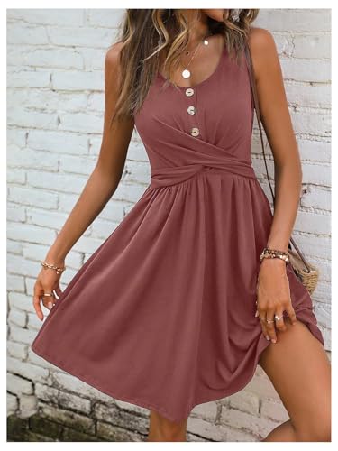 Image of SweatyRocks Women's Twist Button Front A Line Short Dress Scoop Neck Sleeveless Flared Dresses
