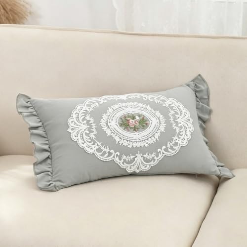 Image of Floral Lace Embroidery Ruffle Cotton Throw Pillow Cover Gray 12"x20"