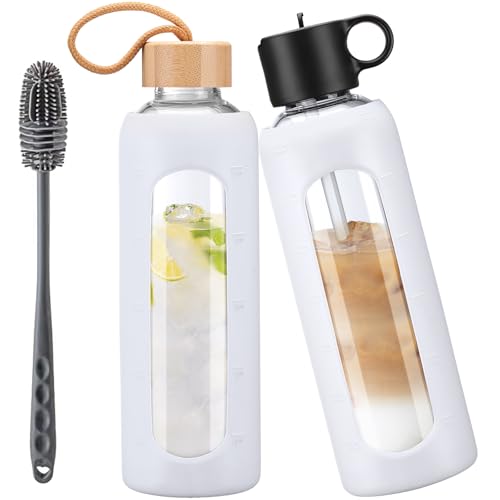 HYDRAGLAZIC 750ml Glass Water Bottle With 2 Lids-Flip Straw Lid, Bamboo Lid, Glass Water Bottle With Silicone Sleeve, Motivational Time Marker, Glass Juice Bottle for Cold Drink,White