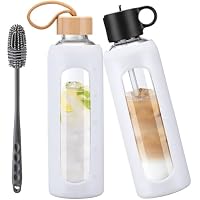 HYDRAGLAZIC Glazen Drinkfles – 700/1000 Ml, Met 2 Deksels (rietje En Bamboe), Siliconen Hoes, Tijdmarkering, Paars