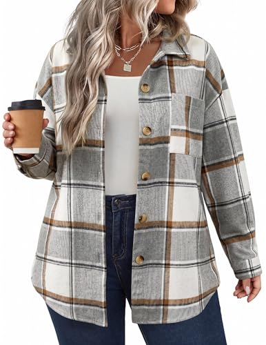 Image of IN'VOLAND Women's Plus Size Plaid Shacket Long Sleeve Button Down Flannel Shirts Casual Jacket Coats, Grey Plaid, 26 Plus