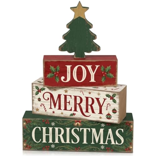 4 Pcs Christmas Decor Joy Merry Christmas Wooden Block Signs Farmhouse Rustic Tabletop Centerpiece Xmas Tiered Tray Decor with Green Tree for Home Kitchen Mantel Shelf Party Gift