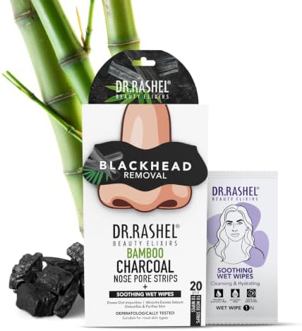DR.RASHEL Beauty Elixirs Bamboo Charcoal Nose Pore Strips, Activated Charcoal,Painless Blackhead Removal, Oil Control & Deep Dirt Cleansing for Men & Women Pack of 20 (10 Strips + 10 Wipes)
