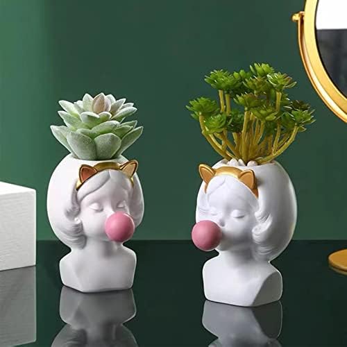 PCKJWSYHN Cute human head face resin vase Human face shaped flower pot White Modern Head Planter for home office plant container storage pen holder art girl blowing bubble statue vase rabbit vase