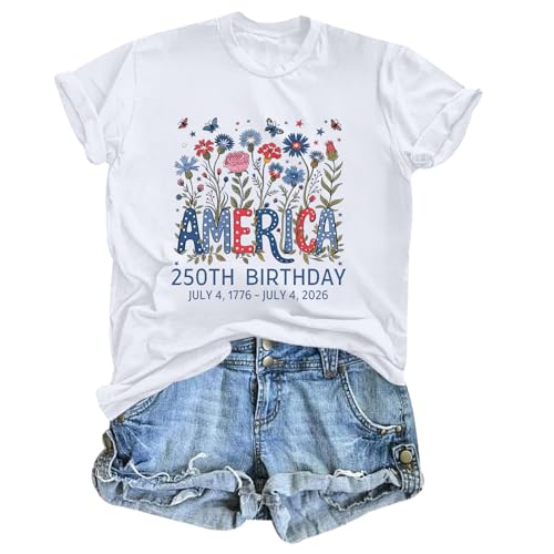 QISSYILY American Shirts for Women 4th of July 250th Birthday Shirt Patriotic Floral Graphic Tees Memorial Day Crewneck Tops(White,M)