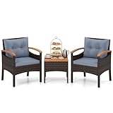 GIANTEX Set di Mobili a 3 Pezzi, Set da Bistrot in Rattan per Esterni con Tavolino, Cuscini Morbidi, Set da Conversazione in Legno d'Acacia per Patio, Cortile, Bordo Piscina (Grigio)