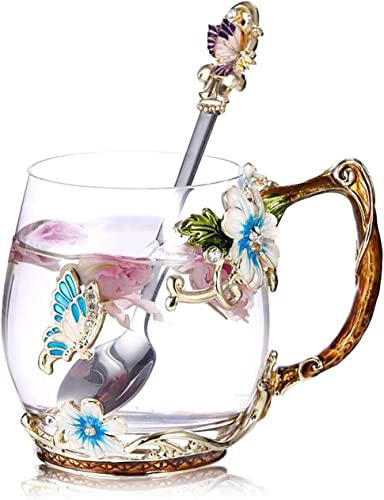 KBEAZY Handgefertigte Emaille-Kaffeetasse mit Schmetterling, Blume, Glas, Teetasse mit Löffel, Geburtstagsgeschenke für sie, Frauen, Mütter, Freunde, Valentinstag, Muttertag (blau)