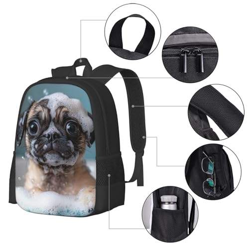 Compact Unisex 17 Inch Backpack Pug Puppy Bath Bubbles Streamlined Design for Urban Mobility Quick Trips & Daily Tasks4