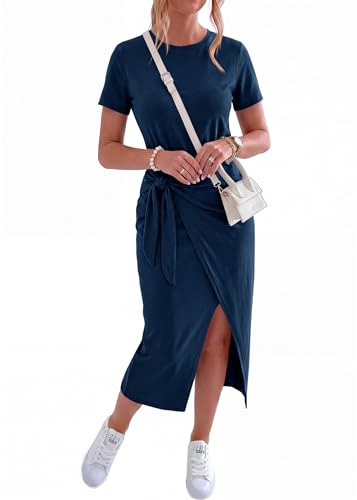 Image of NOLLSOM Women Casual Sleeveless Striped Tank Midi Dresses Halter Neck Ruched Bodycon Dresses Tie Waist T Shirt Summer Dress