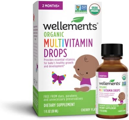 Wellements Organic Baby Multivitamin Drops | Liquid Multivitamin Supplement for Infants & Toddlers, USDA Certified Organic, No Preservatives or Artificial Flavors, Cherry Flavor | 1 Fl Oz, 2 Months+