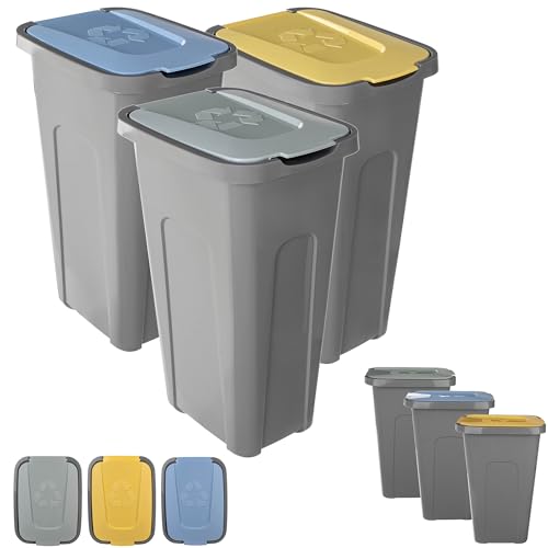 KADAX - Cubo de basura para recolección de residuos (3 x 30 L, juego de basura para sistema de clasificación selectiva, contenedor de basura de plástico con tapa basculante (amarillo, verde, azul)