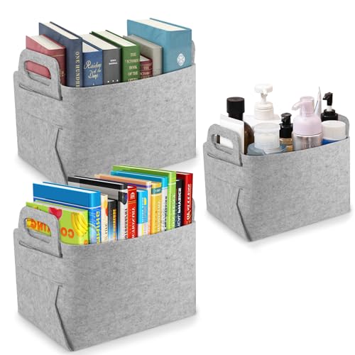 3 Piece Felt Storage Basket, Topretty Foldable Storage Organizer with Handles Toy Caddy Home Storage Bins Storage Container in 2 Different Size for Kids Room Laundry Office Books Bedroom