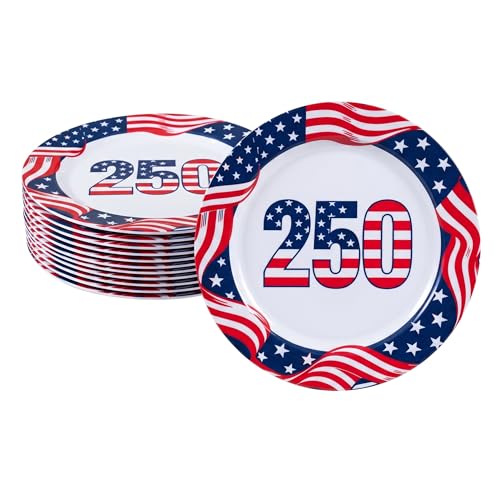 Lechoo 10-Inch Melamine Plates 12-Pack, USA 250th Anniversary American Flag Design, Reusable Unbreakable Round Dinner Dishes for 4th of July Independence Day, Patriotic Party, BBQs, Picnics, Outdoor