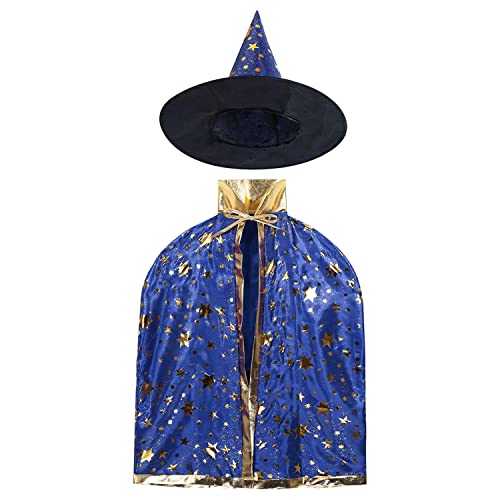 ZHOUHON Cape du Magicien d'Halloween,Cape et Chapeau de Sorcière,Cape de Sorcier Enfant,Magicien avec Chapeau Cape (blue) Cover