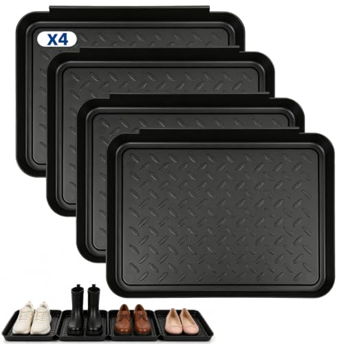 Fettwal 4 Pièces Bac à Chaussures Antidérapants, Plateau Chaussures 35 x 27.5 x 3cm, Bac Plastique Anti-Débordement pour Bottes D'entrée, Protection Sol, Intérieur et Extérieur