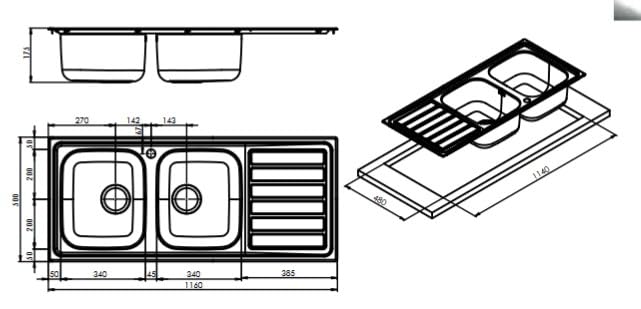 ID1162IRBC - Lavello Cucina 2 Vasche con Gocciolatoio Dx L116 cm Inox Finitura Spazzolato