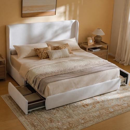 RECCI King Upholstered Wingback Bed Frame with Storage Drawers 52 Tall Cushioned Headboard Soft Edges Low Profile Platform Bed Sturdy Wood Slats No Box Spring Needed Ivory White Canvas