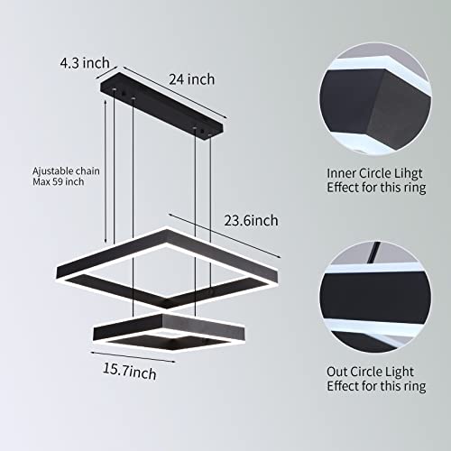 Behsig Modern Chandelier,Modern Led Chandelier,2 Rings Square Chandelier For Living Room,Adjustable Height,Chandelier Lighting Fixture High Ceiling Hanging Dining Room Led Pendant Light #TOP3