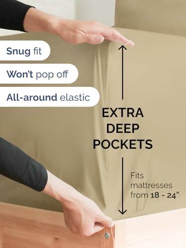 Image of Extra Deep Cal King Sheet Set - 6 Piece Breathable & Cooling Sheets - Beige | Hotel Luxury Bed Sheets Set, Easy & Secure Fit, Ultra-Soft, Wrinkle & Fade Free, Comfy Sheets Set with Extra Deep Pockets