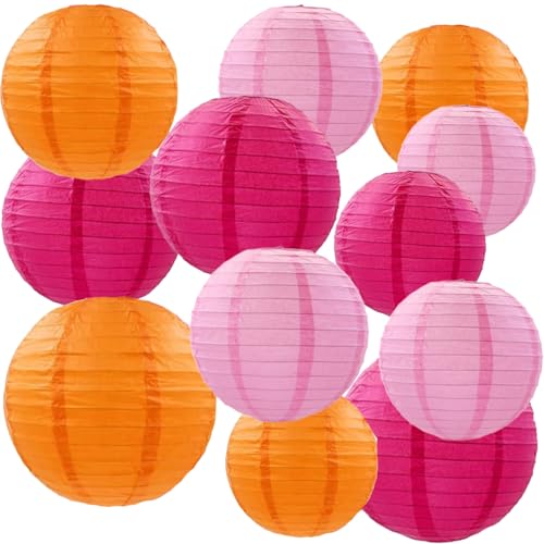 We Moment Zone 12pcs Hot Pink and Orange Paper Lanterns,Lanterns Round Paper Lanterns for Birthday,Wedding,Baby Shower Party Ceiling Decoration