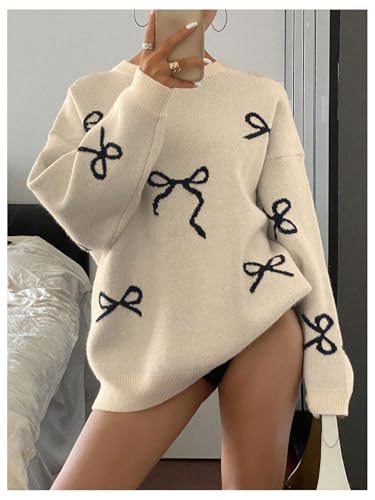 SOLY HUX Oversized Sweaters for Women Y2k Bow Print Crew Neck Drop Shoulder Long Sleeve Knit Pullover Tops3