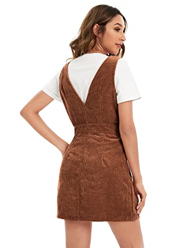 Floerns Women's V Neck Sleeveless Corduroy Button Pinafore Overall Mini Dress Brown M #TOP1