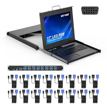 MT-VIKI Rack KVM Switch with 17'' LCD Monitor, 16 Port VGA KVM Switch with Keyboard Touchpad, Fits 1U 19'' Rack, Includes 16 VGA Cables