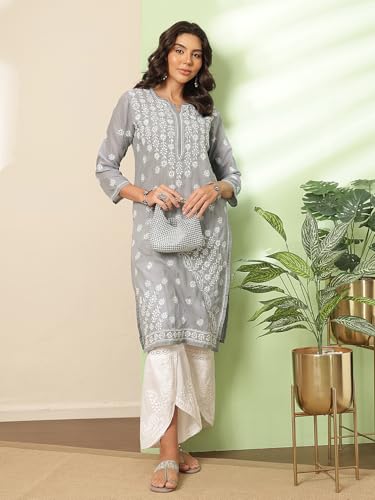Image of Ada Women's Cotton Regular Fit Tunic Hand Embroidered Lucknowi Chikankari Ethnic Wear Kurta Kurti A130717