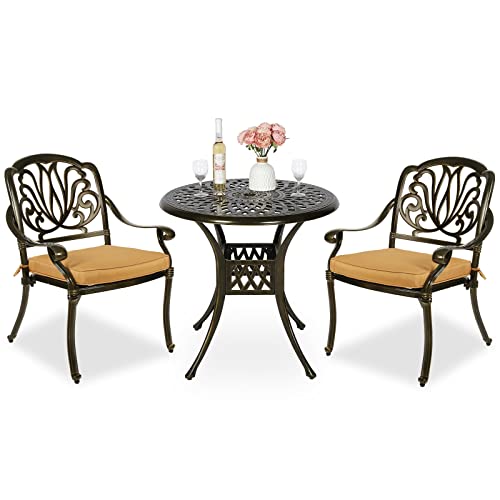 Image of MEETWARM 3 Piece Patio Bistro Set, Outdoor All-Weather Cast Aluminum Dining Furniture Set Includes 2 Cushioned Chairs and a 31” Round Table with Umbrella Hole for Garden Deck