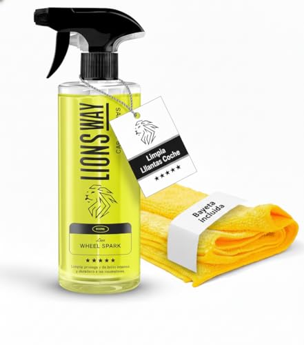 LionsWay: Limpia Llantas Coche y Moto. 3-en1 Profesional: Limpia, Desengrasa y Abrillanta. Potente Limpiador Neutro sin Ácido para Llantas de Aluminio, Acero y Cromadas. (500ml + Bayeta Premium).