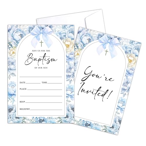 Blue Bow Baptism Invitation, Floral Baptism Invitations with Envelopes for Boy, Christian Invites For Christening Naming Ceremony, Baby Dedication, Religious Celebration Decor Supplies, 25 Cards -02