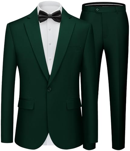 WEEN CHARM Mens Suits Slim Fit 2 Piece Wedding Tuxedo Notch Lapel Groom Prom Party Formal Blazer Pants Suit Set Dark Green