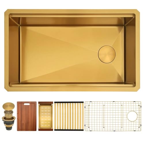 Lonsince Gold Undermount Kitchen Sink 30 inch,Single Bowl Undermount Sink 16 gauge Stainless Steel,Workstation Kitchen Sinks with Gold Accessories (30" X 18") by Lonsince - Used condition - US$216.99