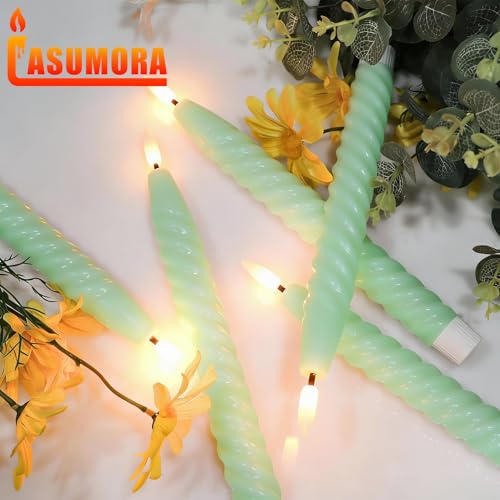 Image of Green Flameless Taper Candles Flickering with Remote Timer